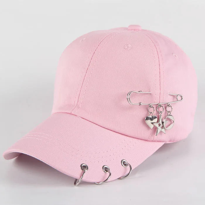 Șapcă de baseball din bumbac în stil hip-hop, cu design creativ, cu inele de piercing, în stil punk, casual pentru adulți, unisex, ajustabilă, cu sistem snapback