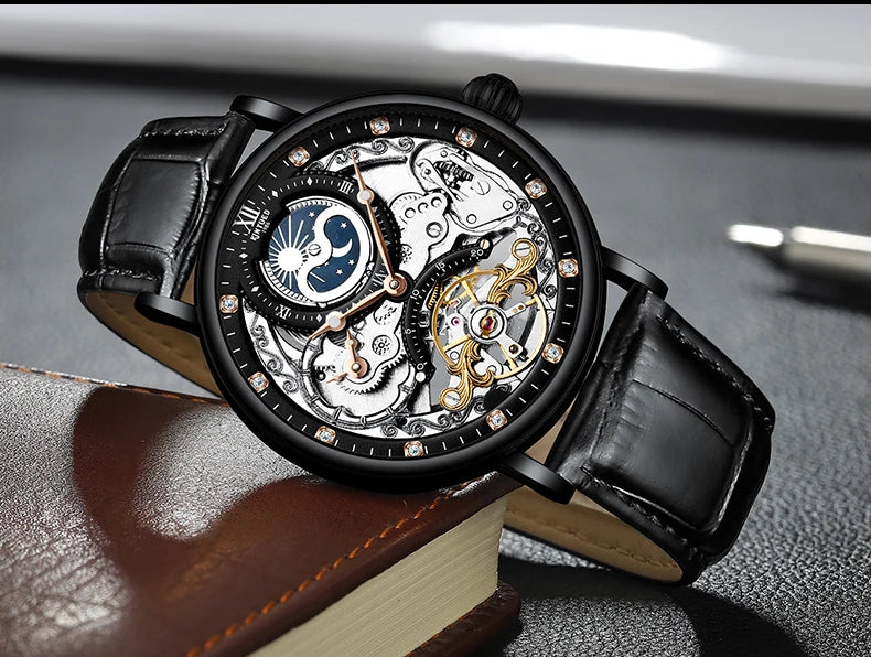 KINYUED Herrenuhr – Luxusmodell, Skelett-Design mit Tourbillon, mechanisches Automatikwerk, roségoldfarbenes Gehäuse, wasserdicht.