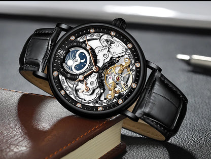 KINYUED Herrenuhr – Luxusmodell, Skelett-Design mit Tourbillon, mechanisches Automatikwerk, roségoldfarbenes Gehäuse, wasserdicht.