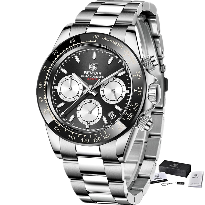 BENYAR Men’s Watches – Luxury chronograph, sporty design, water-resistant, stainless steel, quartz movement