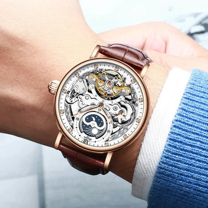 KINYUED Herrenuhr – Luxusmodell, Skelett-Design mit Tourbillon, mechanisches Automatikwerk, roségoldfarbenes Gehäuse, wasserdicht.