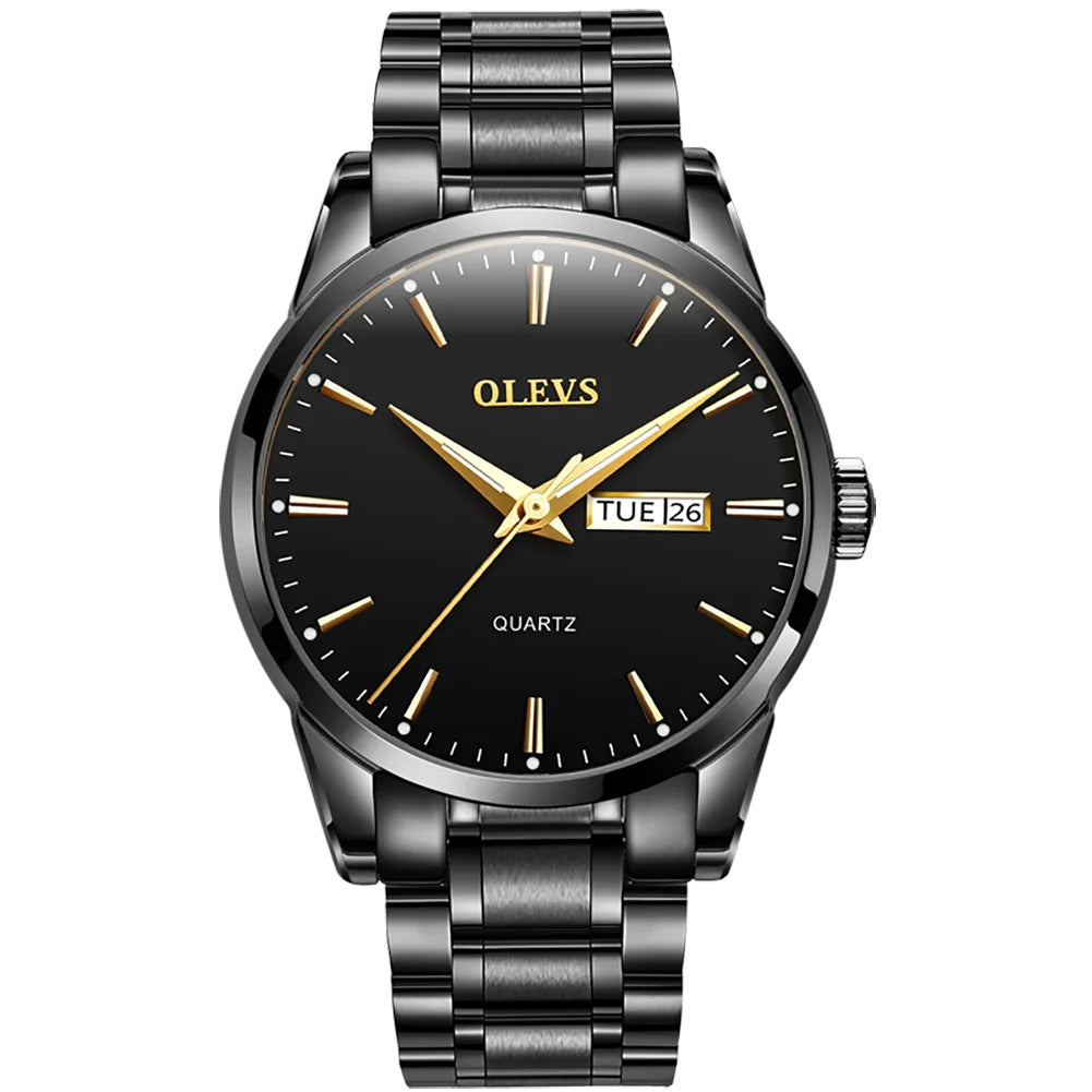 OLEVS Men’s Watch – Stainless steel quartz wristwatch, water-resistant, gold-coloured, elegant and luminous, a luxury accessory for men