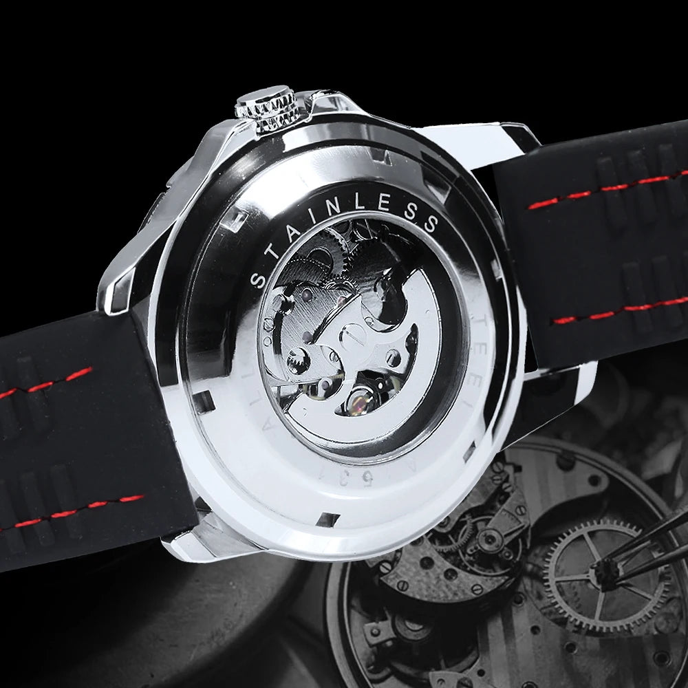 WINNER men’s automatic watch – Skeletonised mechanical model, luminescent hands, rubber strap, sporty yet luxurious style, ideal for outdoor activities