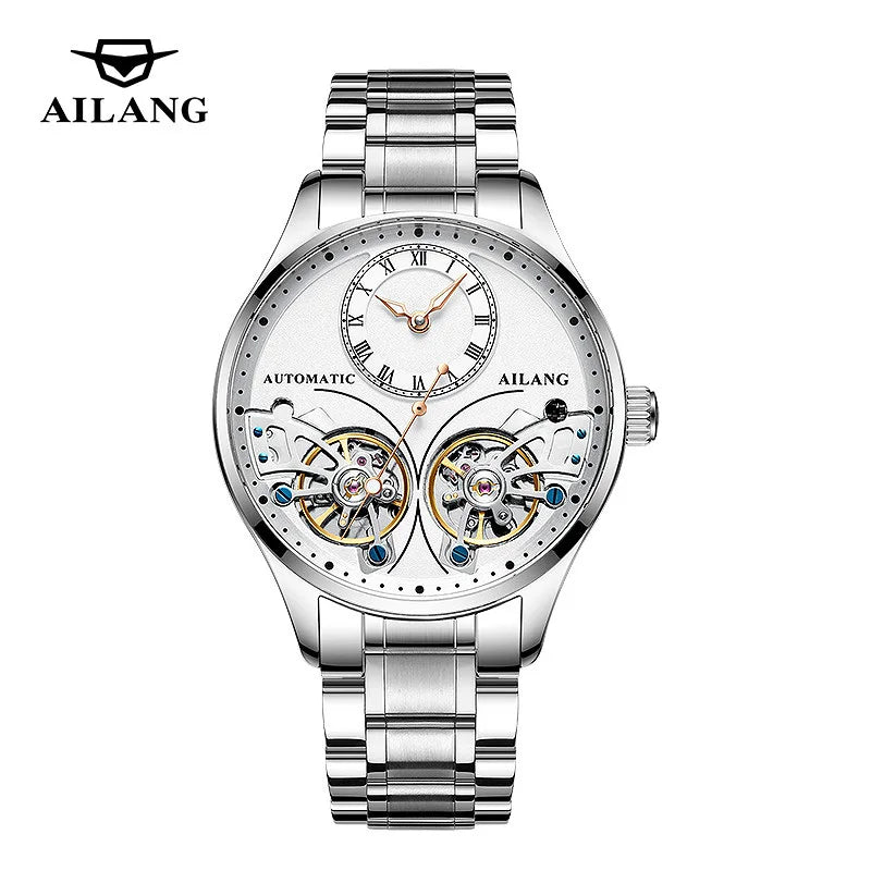 AILANG brandneue modische Double-Tourbillon-Uhr für Herren, Luxus-Edelstahl, wasserdicht, automatisch-mechanische Herrenuhr