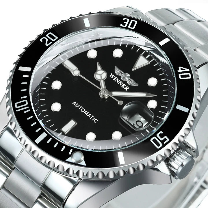 Classic mechanical watch for men – Luxury brand, business style, automatic movement, rotating bezel, luminescent dial, steel bracelet