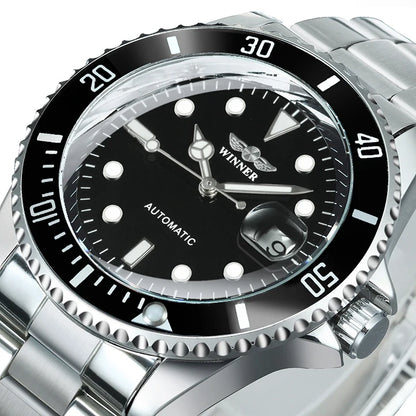 Classic mechanical watch for men – Luxury brand, business style, automatic movement, rotating bezel, luminescent dial, steel bracelet