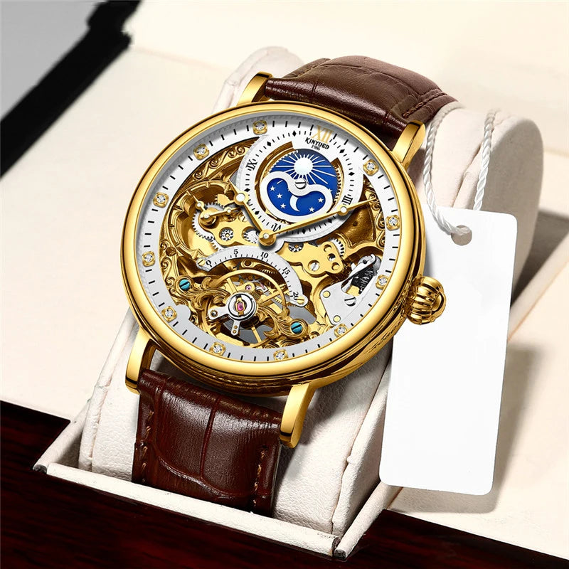 KINYUED Herrenuhr – Luxusmodell, Skelett-Design mit Tourbillon, mechanisches Automatikwerk, roségoldfarbenes Gehäuse, wasserdicht.