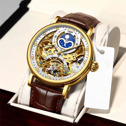 KINYUED Herrenuhr – Luxusmodell, Skelett-Design mit Tourbillon, mechanisches Automatikwerk, roségoldfarbenes Gehäuse, wasserdicht.