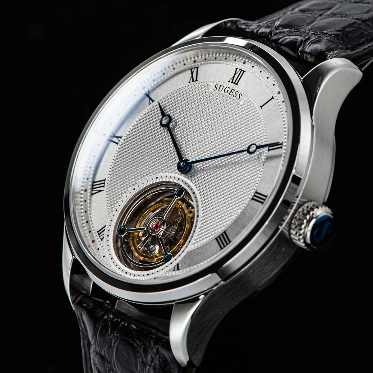 Sugess Tourbillon férfi karóra ST8230, eredeti Tianjin-i szerkezetű, mechanikus, vintage, csontvázszerkezetű karóra, elegáns krokodilbőr szíjjal