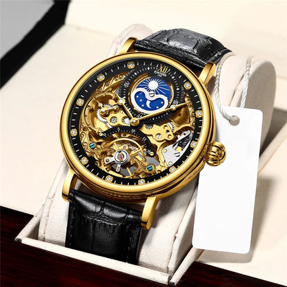 KINYUED Herrenuhr – Luxusmodell, Skelett-Design mit Tourbillon, mechanisches Automatikwerk, roségoldfarbenes Gehäuse, wasserdicht.