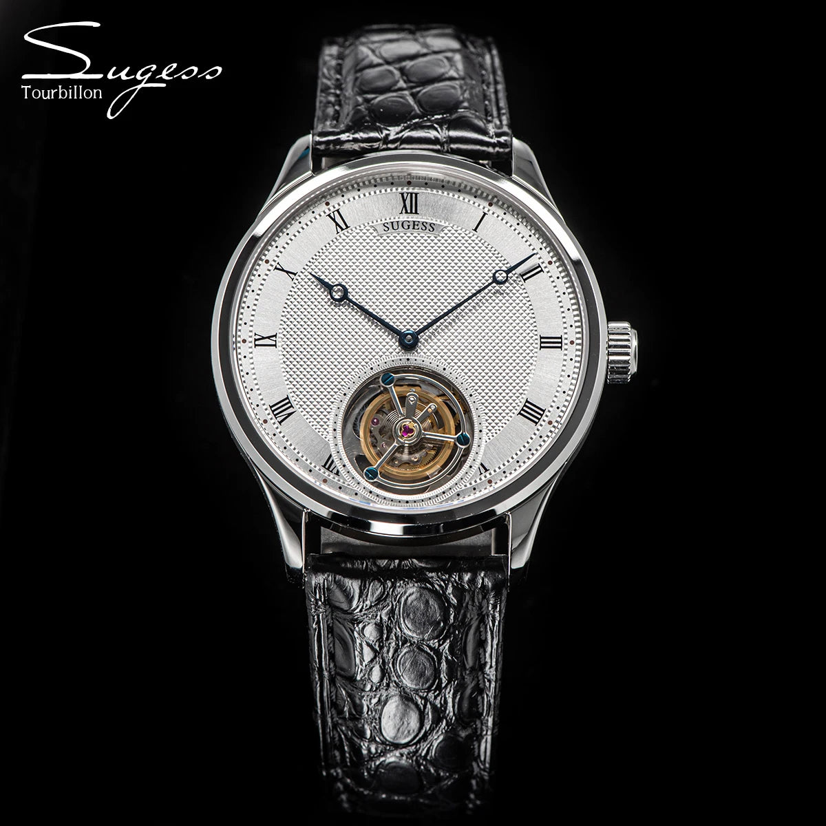 Sugess Tourbillon férfi karóra ST8230, eredeti Tianjin-i szerkezetű, mechanikus, vintage, csontvázszerkezetű karóra, elegáns krokodilbőr szíjjal