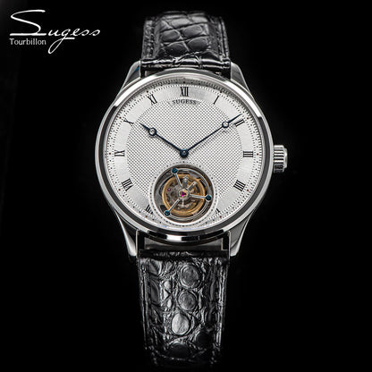 Sugess Tourbillon férfi karóra ST8230, eredeti Tianjin-i szerkezetű, mechanikus, vintage, csontvázszerkezetű karóra, elegáns krokodilbőr szíjjal