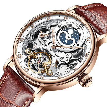 KINYUED Herrenuhr – Luxusmodell, Skelett-Design mit Tourbillon, mechanisches Automatikwerk, roségoldfarbenes Gehäuse, wasserdicht.
