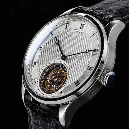 Sugess Tourbillon férfi karóra ST8230, eredeti Tianjin-i szerkezetű, mechanikus, vintage, csontvázszerkezetű karóra, elegáns krokodilbőr szíjjal