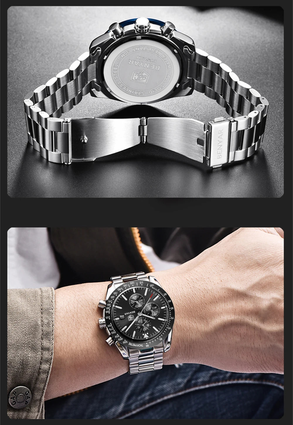 Montres de luxe pour hommes BENYAR – Montres-bracelets à quartz avec bracelet en cuir, étanches jusqu'à 30 m, style sportif.