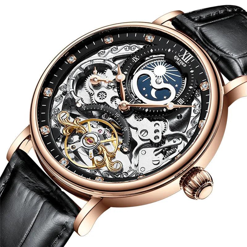 KINYUED Herrenuhr – Luxusmodell, Skelett-Design mit Tourbillon, mechanisches Automatikwerk, roségoldfarbenes Gehäuse, wasserdicht.