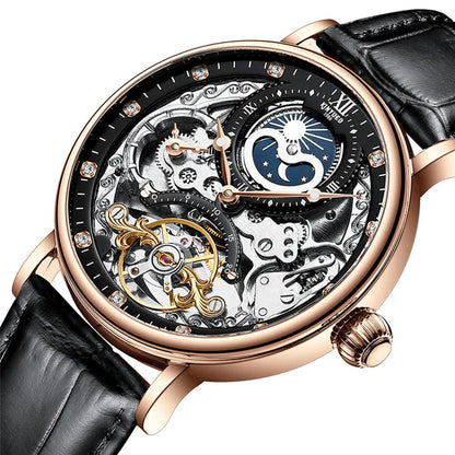 KINYUED Herrenuhr – Luxusmodell, Skelett-Design mit Tourbillon, mechanisches Automatikwerk, roségoldfarbenes Gehäuse, wasserdicht.