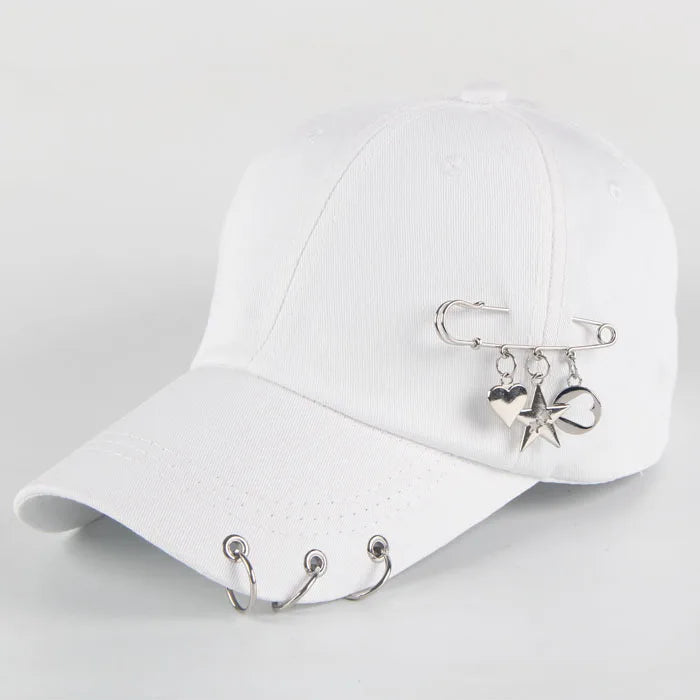 Șapcă de baseball din bumbac în stil hip-hop, cu design creativ, cu inele de piercing, în stil punk, casual pentru adulți, unisex, ajustabilă, cu sistem snapback