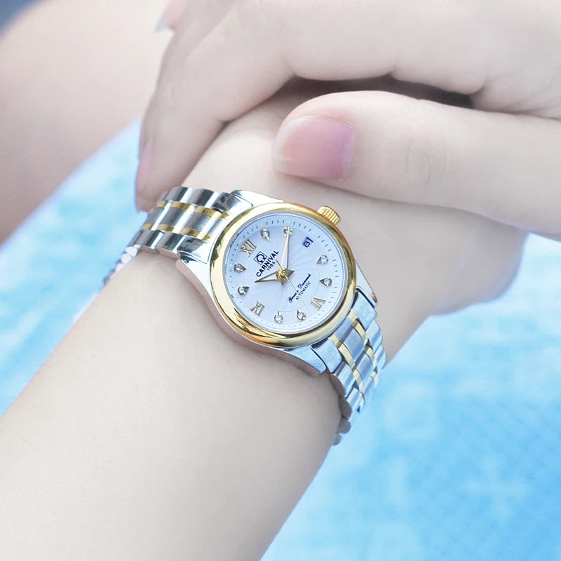 Montre-bracelet mécanique pour femme de la marque CARNIVAL – Modèle élégant, mouvement automatique, verre saphir, étanche.