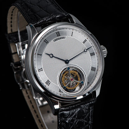 Sugess Tourbillon férfi karóra ST8230, eredeti Tianjin-i szerkezetű, mechanikus, vintage, csontvázszerkezetű karóra, elegáns krokodilbőr szíjjal