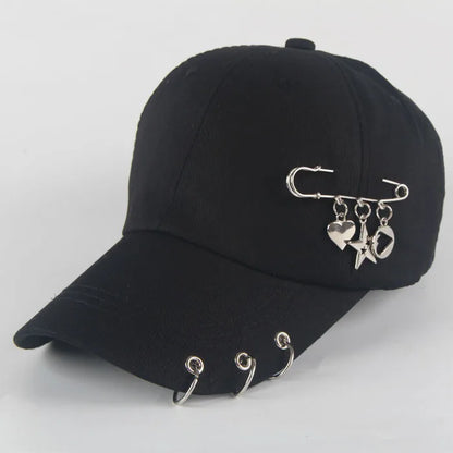 Șapcă de baseball din bumbac în stil hip-hop, cu design creativ, cu inele de piercing, în stil punk, casual pentru adulți, unisex, ajustabilă, cu sistem snapback