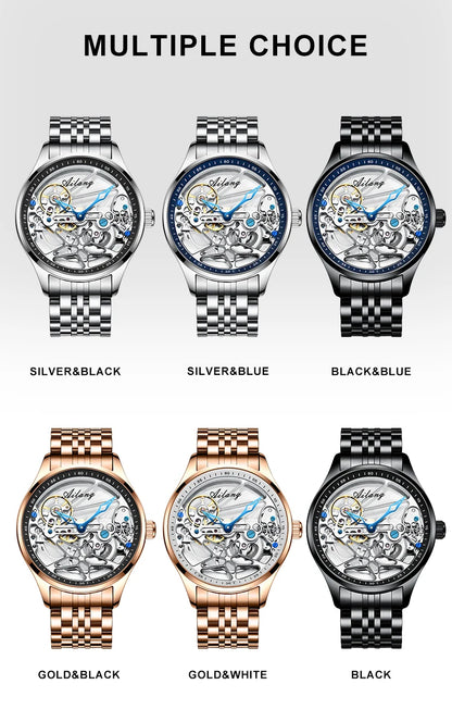 AILANG Skeleton Mechanical Mens Watches Top Brand Luxury Steampunk Transparent Hollow Automatic Watch Relogio Masculino 8625
