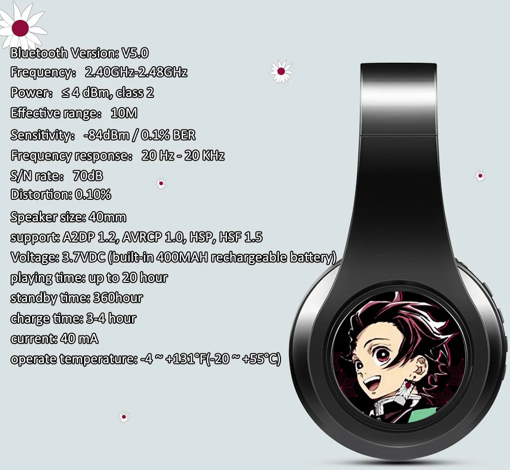 Demon Slayer Kamado Tanjirou Anime Bluetooth Headphones – Wireless Gaming Headset with Mic, TF Card Support, Deep Bass Anime Earphones V5.0