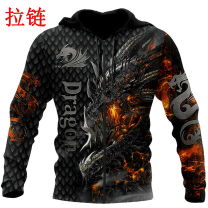 Smuk Fire Dragon 3D-all-over-print hættetrøje til mænd, unisex sweatshirt, efterårsstreetwear, casual jakke, træningssæt KJ749