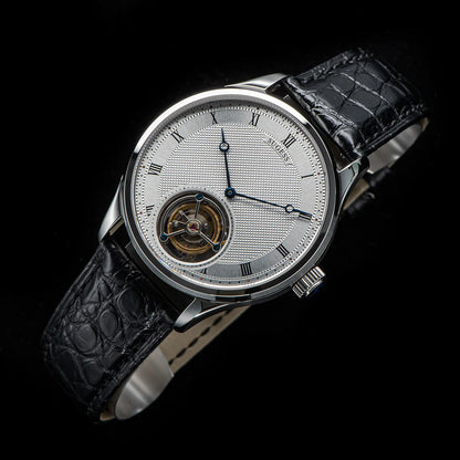 Sugess Tourbillon férfi karóra ST8230, eredeti Tianjin-i szerkezetű, mechanikus, vintage, csontvázszerkezetű karóra, elegáns krokodilbőr szíjjal