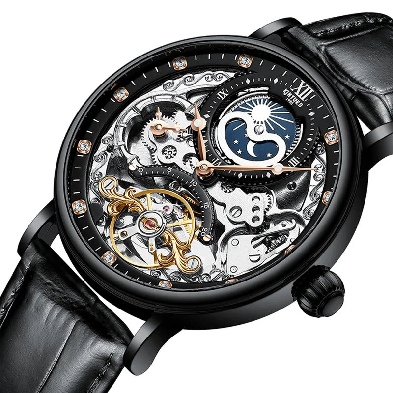 KINYUED Herrenuhr – Luxusmodell, Skelett-Design mit Tourbillon, mechanisches Automatikwerk, roségoldfarbenes Gehäuse, wasserdicht.