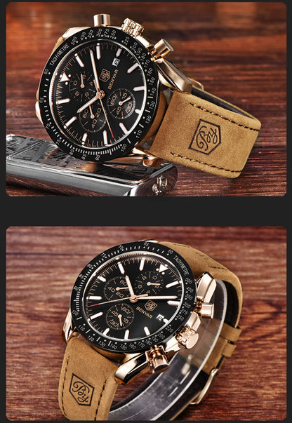 Montres de luxe pour hommes BENYAR – Montres-bracelets à quartz avec bracelet en cuir, étanches jusqu'à 30 m, style sportif.