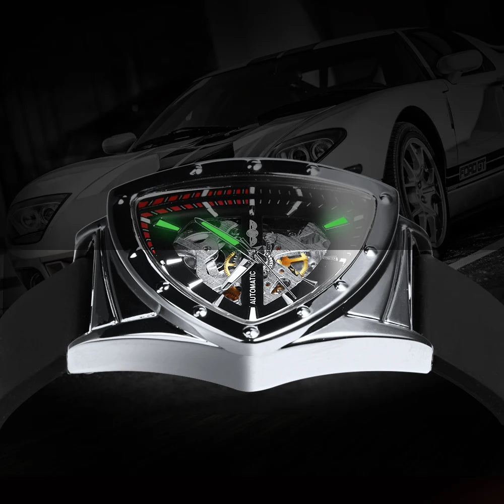 Vyrų automatinis laikrodis „WINNER“, trikampio formos skeleto dizainas, šviečiantys rodyklės, guminė apyrankė, karinis stilius, prabangus mechaninis laikrodis