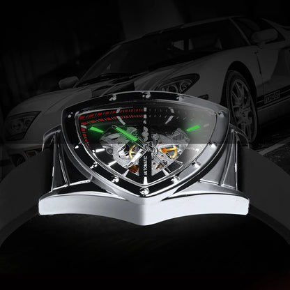 Vyrų automatinis laikrodis „WINNER“, trikampio formos skeleto dizainas, šviečiantys rodyklės, guminė apyrankė, karinis stilius, prabangus mechaninis laikrodis