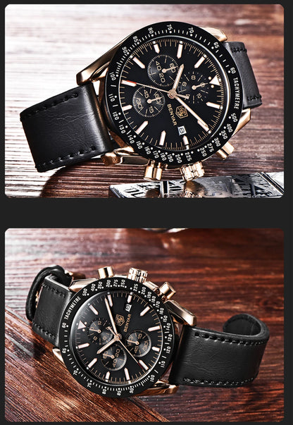 Montres de luxe pour hommes BENYAR – Montres-bracelets à quartz avec bracelet en cuir, étanches jusqu'à 30 m, style sportif.