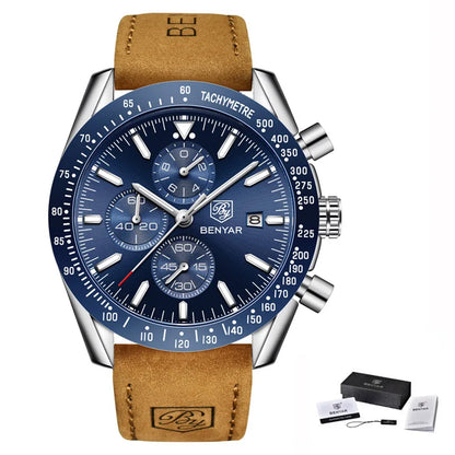 Montres de luxe pour hommes BENYAR – Montres-bracelets à quartz avec bracelet en cuir, étanches jusqu'à 30 m, style sportif.