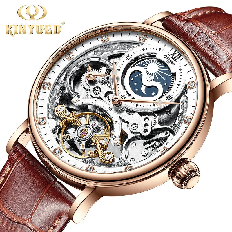 KINYUED Herrenuhr – Luxusmodell, Skelett-Design mit Tourbillon, mechanisches Automatikwerk, roségoldfarbenes Gehäuse, wasserdicht.