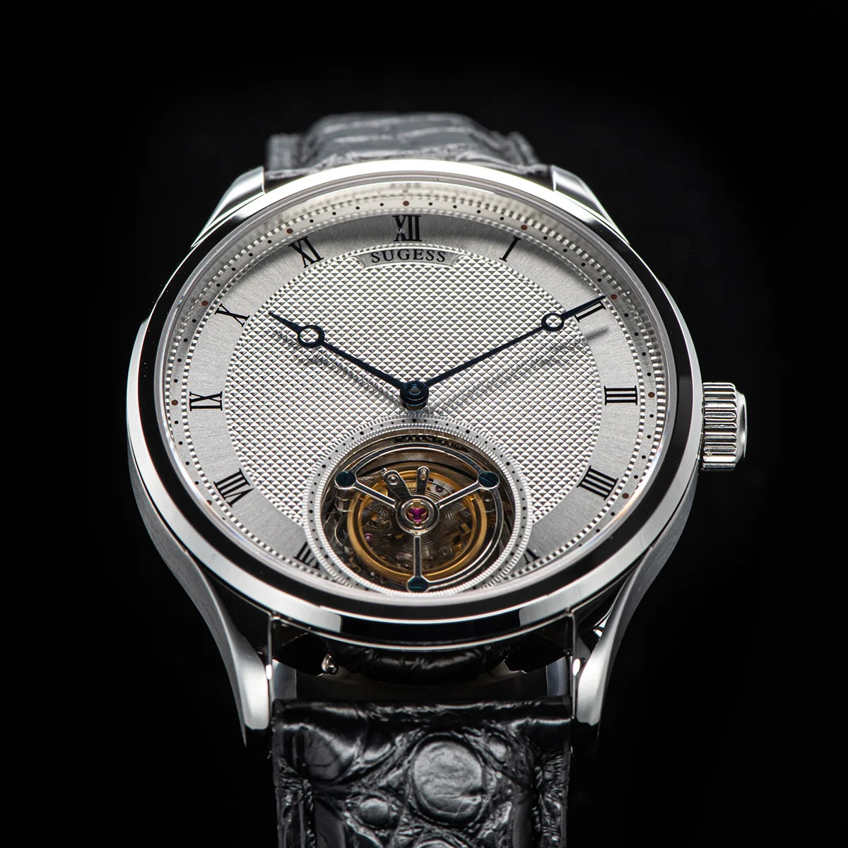 Sugess Tourbillon férfi karóra ST8230, eredeti Tianjin-i szerkezetű, mechanikus, vintage, csontvázszerkezetű karóra, elegáns krokodilbőr szíjjal
