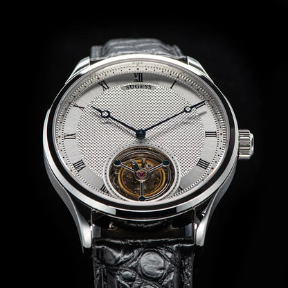 Sugess Tourbillon férfi karóra ST8230, eredeti Tianjin-i szerkezetű, mechanikus, vintage, csontvázszerkezetű karóra, elegáns krokodilbőr szíjjal