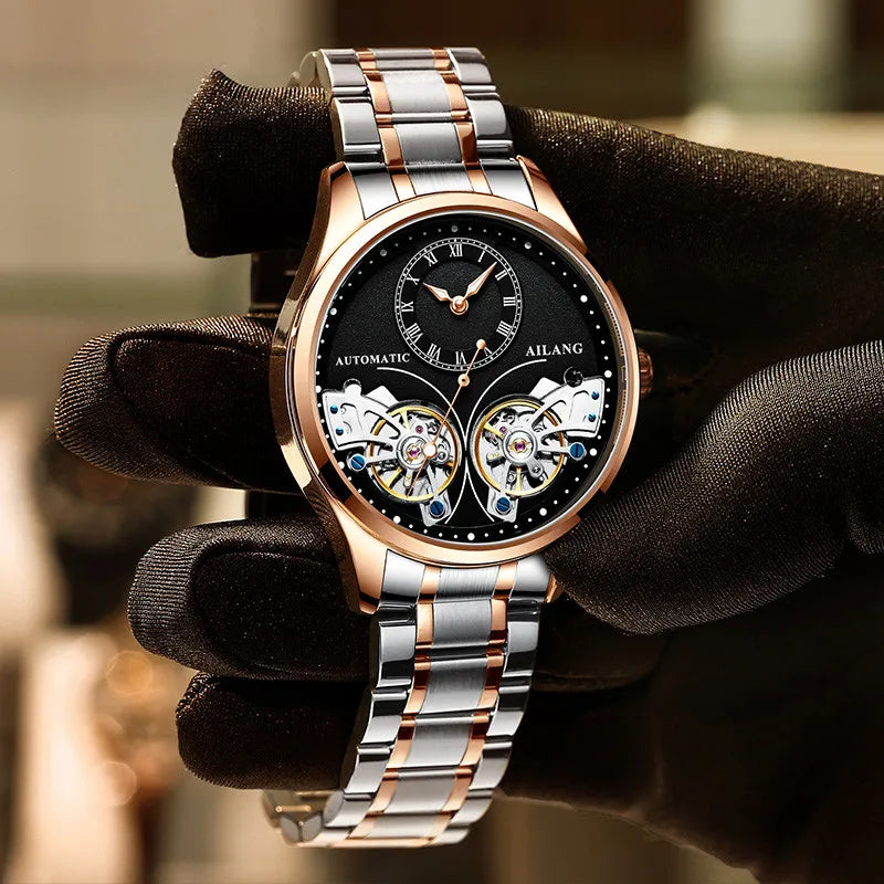AILANG brandneue modische Double-Tourbillon-Uhr für Herren, Luxus-Edelstahl, wasserdicht, automatisch-mechanische Herrenuhr