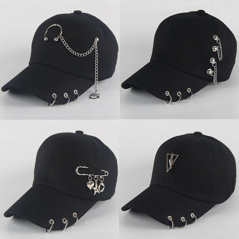 Șapcă de baseball din bumbac în stil hip-hop, cu design creativ, cu inele de piercing, în stil punk, casual pentru adulți, unisex, ajustabilă, cu sistem snapback