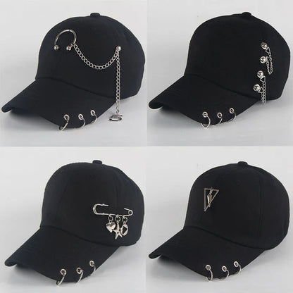 Șapcă de baseball din bumbac în stil hip-hop, cu design creativ, cu inele de piercing, în stil punk, casual pentru adulți, unisex, ajustabilă, cu sistem snapback