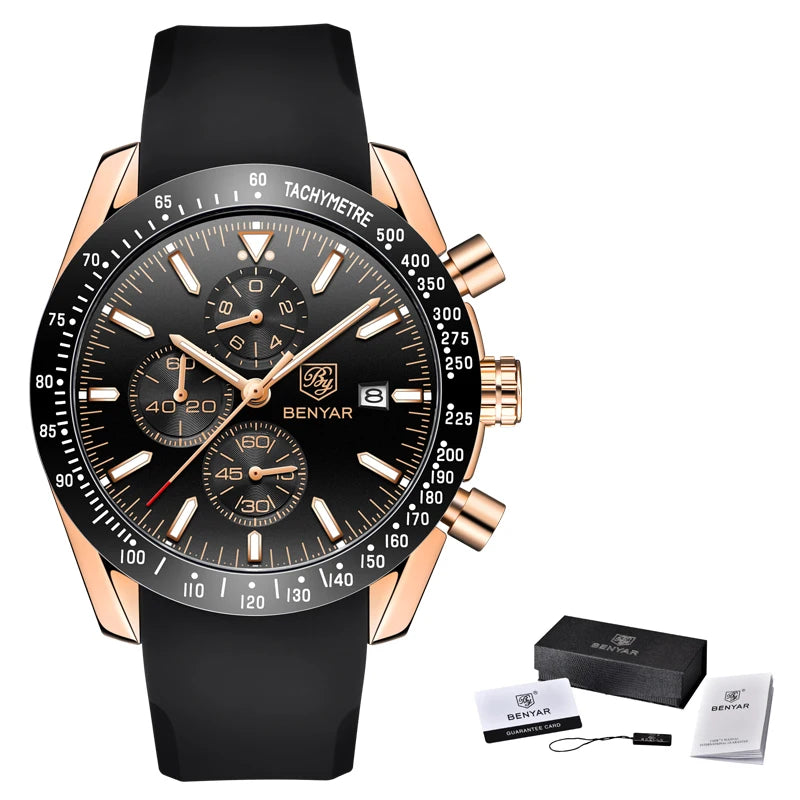 Montres de luxe pour hommes BENYAR – Montres-bracelets à quartz avec bracelet en cuir, étanches jusqu'à 30 m, style sportif.