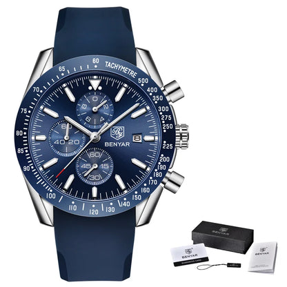 Montres de luxe pour hommes BENYAR – Montres-bracelets à quartz avec bracelet en cuir, étanches jusqu'à 30 m, style sportif.
