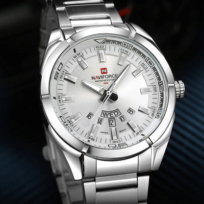 Montre pour homme NAVIFORCE, entièrement en acier, étanche, style décontracté, mouvement à quartz avec affichage de la date – Montre-bracelet de luxe pour homme, d'une marque de premier plan.