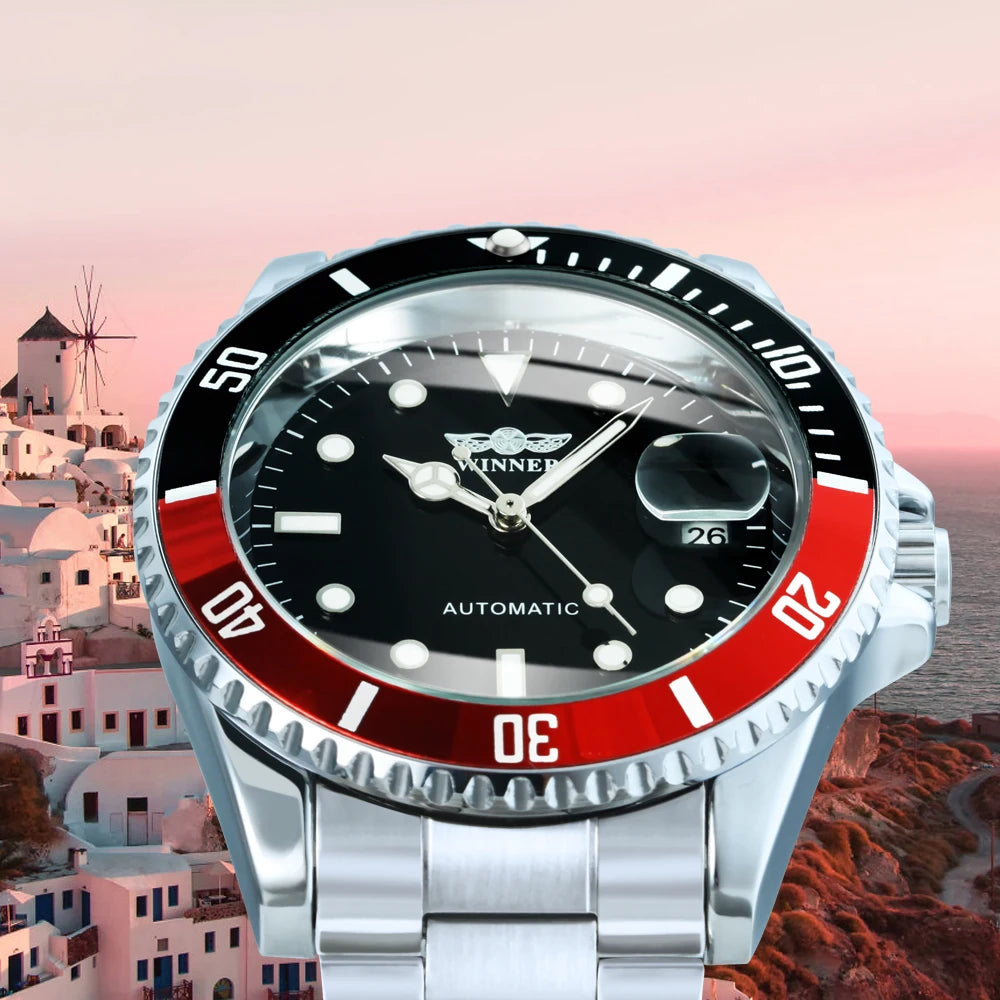 Classic mechanical watch for men – Luxury brand, business style, automatic movement, rotating bezel, luminescent dial, steel bracelet