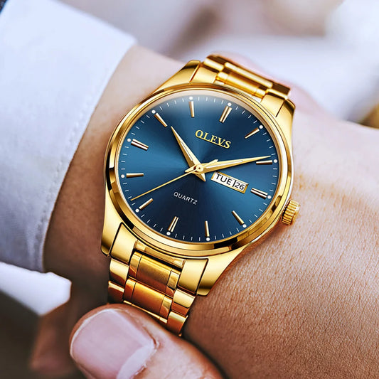 Relógio para homem OLEVS – Relógio de pulso de quartzo em aço inoxidável, estanque, dourado, elegante e luminoso, acessório de luxo para homem