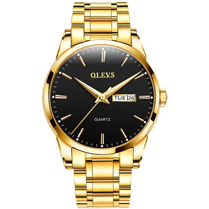 OLEVS Men’s Watch – Stainless steel quartz wristwatch, water-resistant, gold-coloured, elegant and luminous, a luxury accessory for men