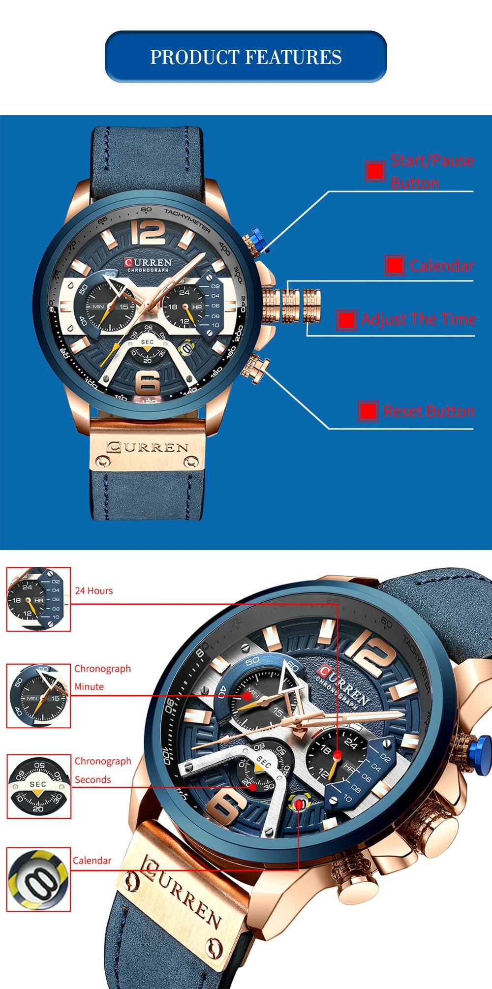 CURREN Casual Sport Watches for Men Blue Top Brand Luxury Military Leather Wrist Watch Man Clock Fashion Chronograph Wristwatch