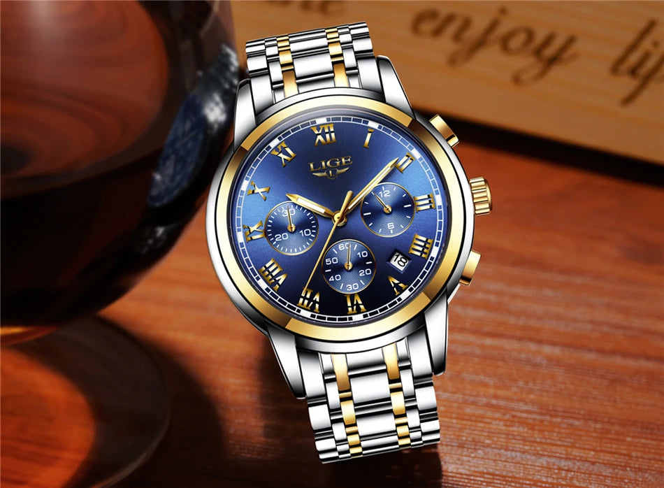 Montre pour homme LIGE – Chronographe de luxe, style sport décontracté, étanche, entièrement en acier, mouvement à quartz