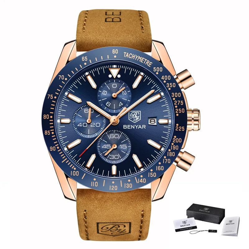Montres de luxe pour hommes BENYAR – Montres-bracelets à quartz avec bracelet en cuir, étanches jusqu'à 30 m, style sportif.